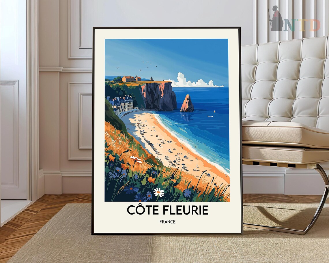 Cote Fleurie France Normandy Cliffs Beach Vintage Travel Poster