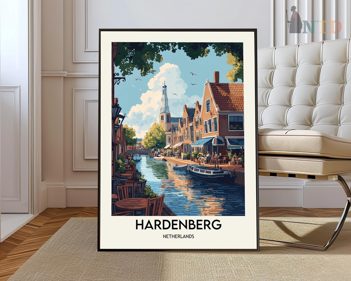 Hardenberg Netherlands Canal Cafe Waterfront Retro Travel Poster