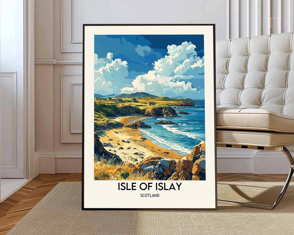 Isle of Islay Scotland Travel Poster with Rocky Beach Cove Scene