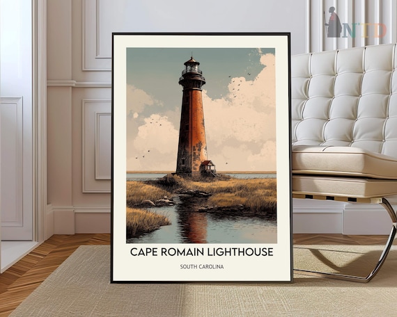 Cape Romain Lighthouse Marsh Reflection Vintage Travel Poster