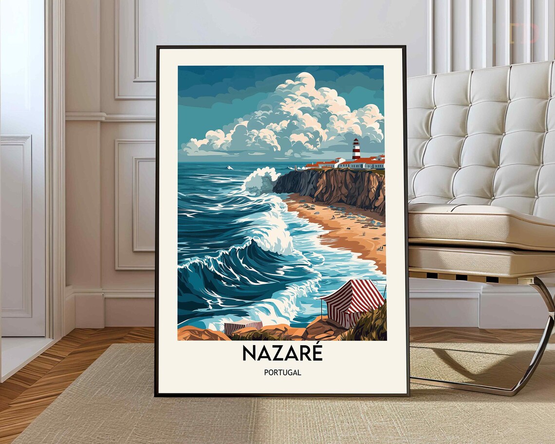 Nazare Portugal Giant Waves Striped Cabanas Vintage Travel Poster