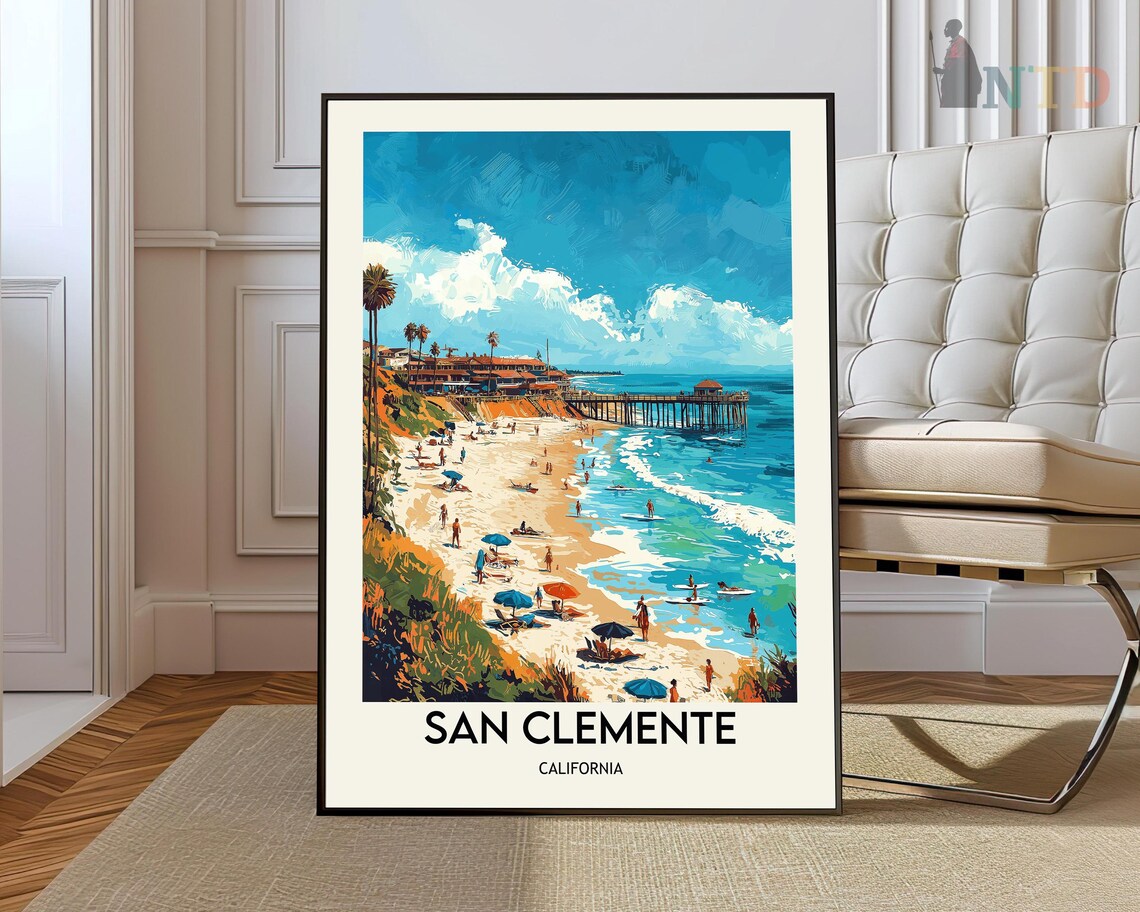 San Clemente California Beach Pier Surfers Sunny Day Travel Poster