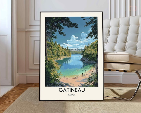 Gatineau Canada Lakeside Beach Swimmers Summer Retro Travel Poster