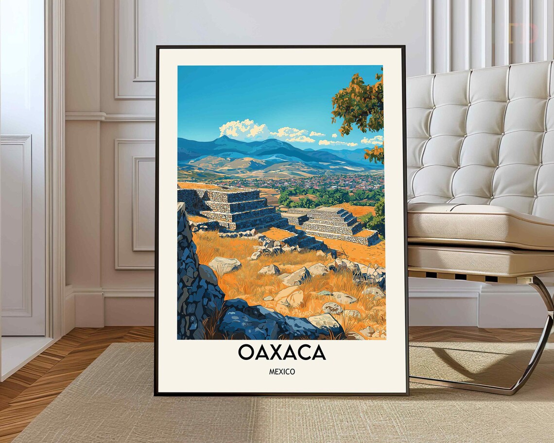 Oaxaca Mexico Ancient Pyramid Ruins Vintage Travel Art Poster