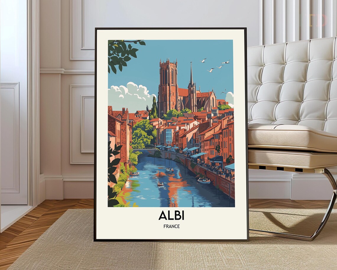 Albi France Cathedral Rising Over the River With Small Boats Poster