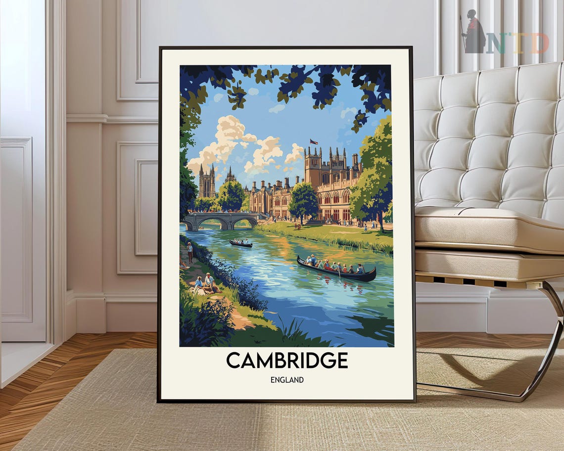 Cambridge England Travel Poster River Punting at the University Backs
