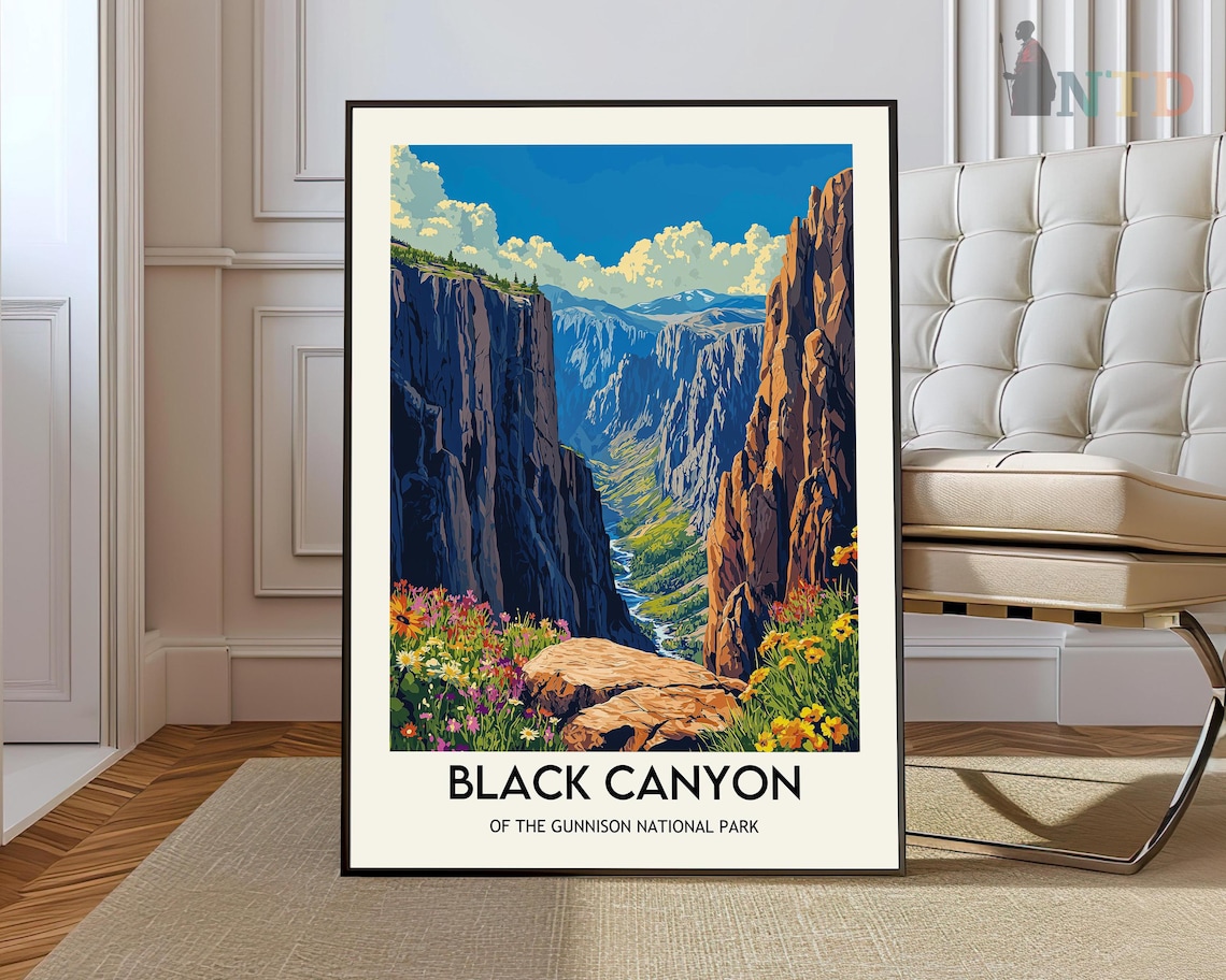 Black Canyon of the Gunnison Sunlit Cliffs Blue Sky Summer Wildflower Poster