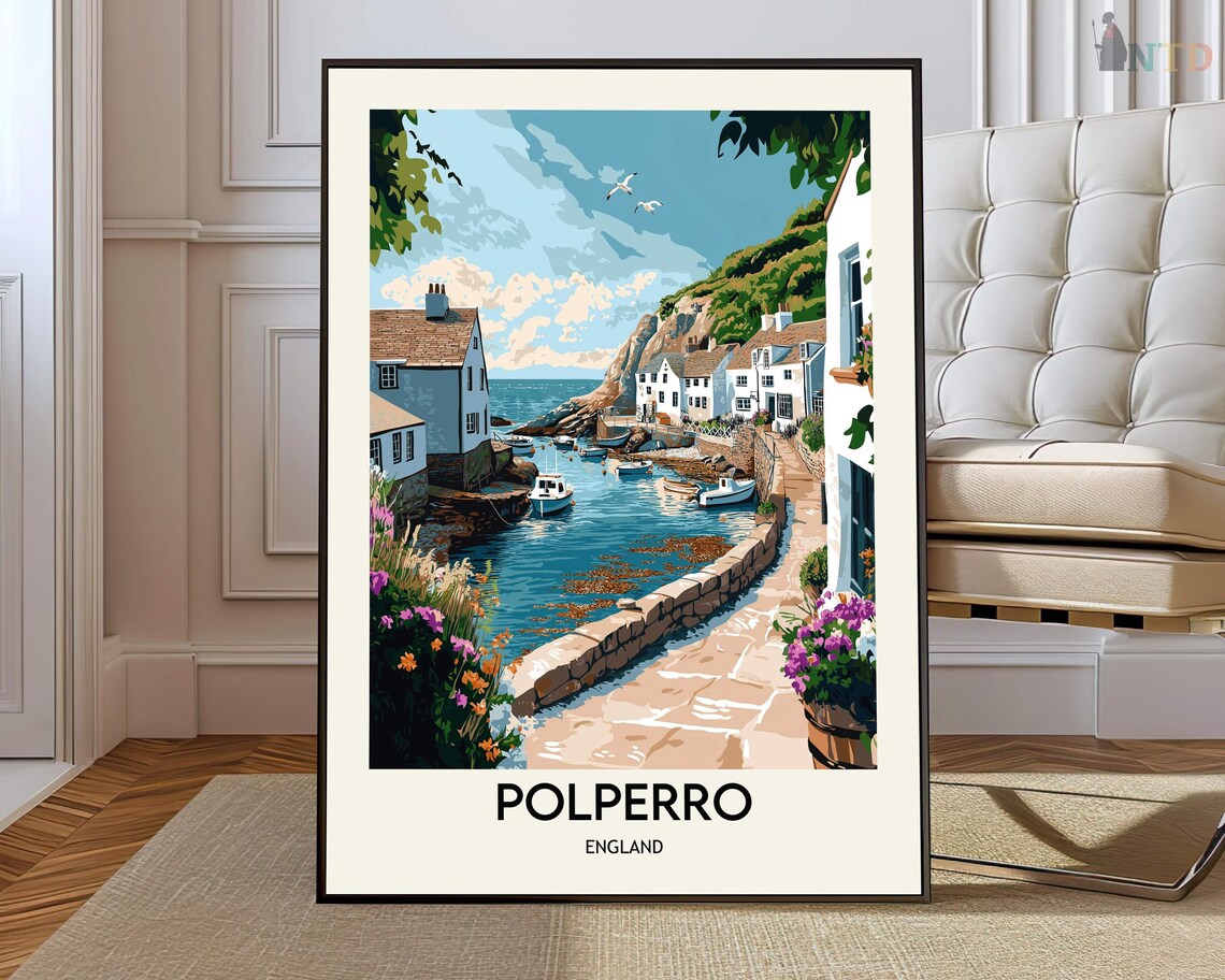 Polperro England Harbor Stone Quay Seaside Village Travel Poster