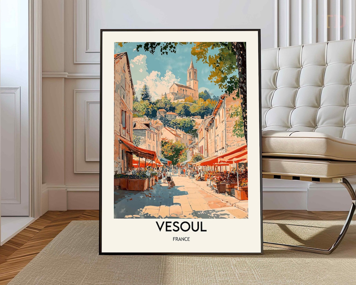 Vesoul France Charming Market Street Church Vintage Travel Poster