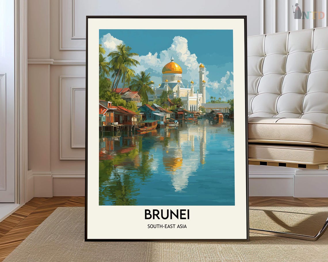 Brunei Mosque Golden Dome River Reflection Water Village Travel Poster