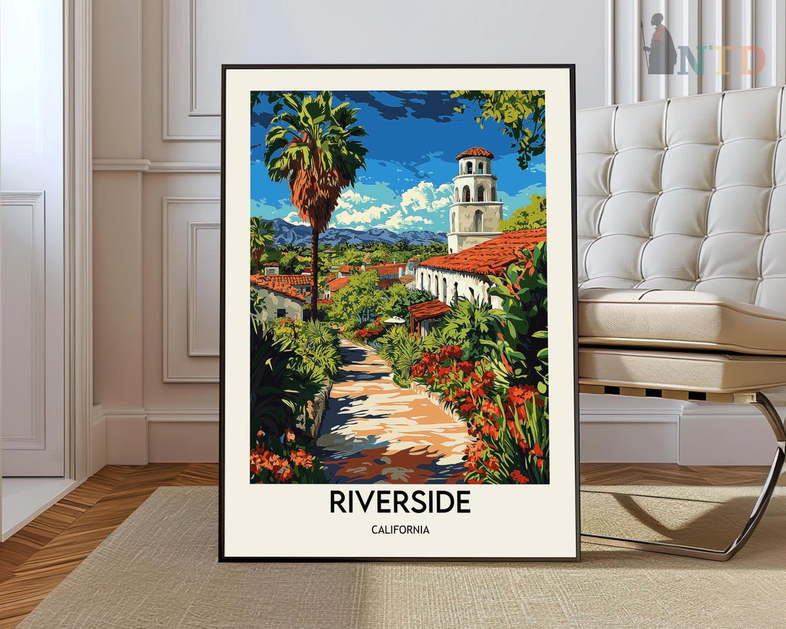 Riverside California Mission Garden Path Bell Tower Travel Poster