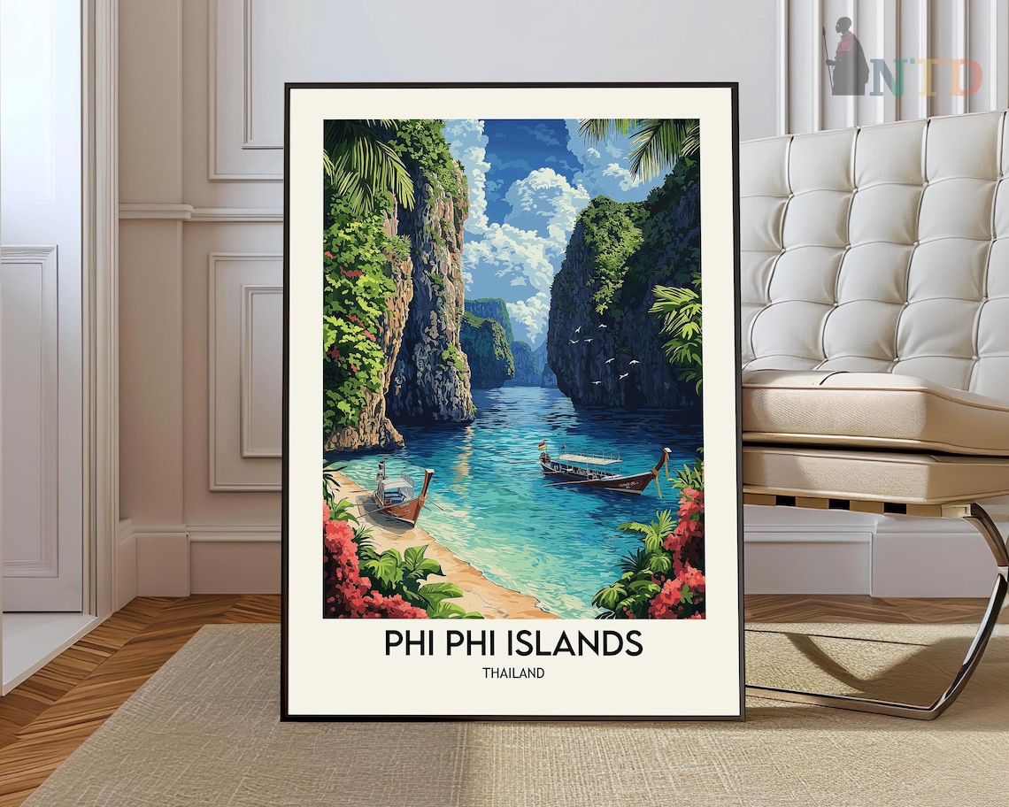 Phi Phi Islands Thailand Lagoon Longtail Boats Jungle Travel Poster