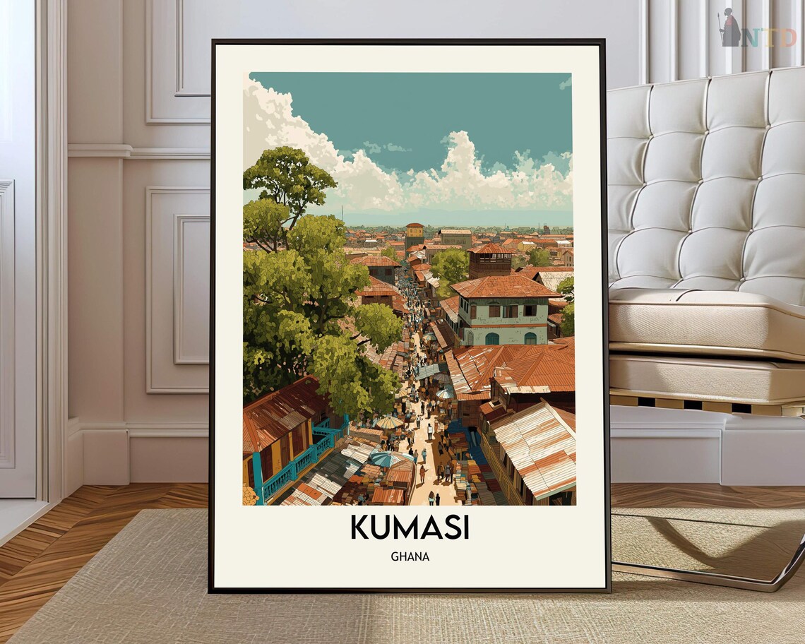 Kumasi Ghana Busy Market Street Aerial View Vintage Travel Poster
