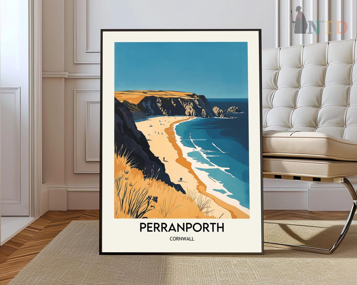 Perranporth Cornwall Beach Cliffs Golden Coast Retro Travel Poster
