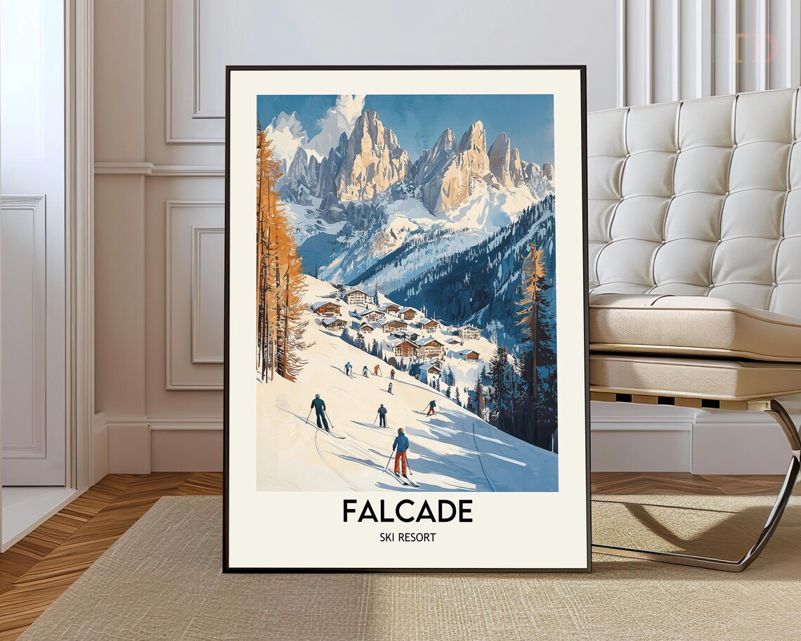 Falcade Ski Resort Dolomites Peaks Vintage Ski Travel Poster