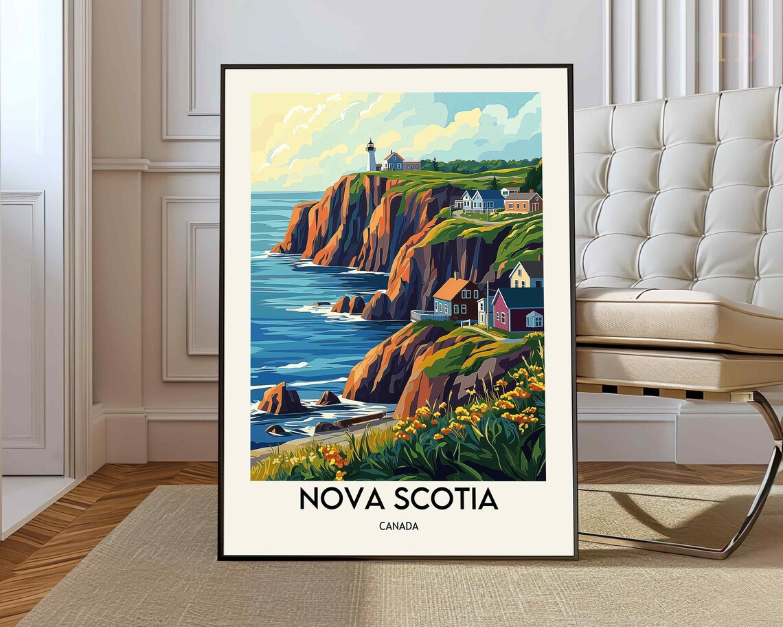 Nova Scotia Canada Lighthouse Cliffside Fishing Village Travel Poster