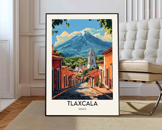 Tlaxcala Mexico Colonial Street Volcano Vintage Travel Poster