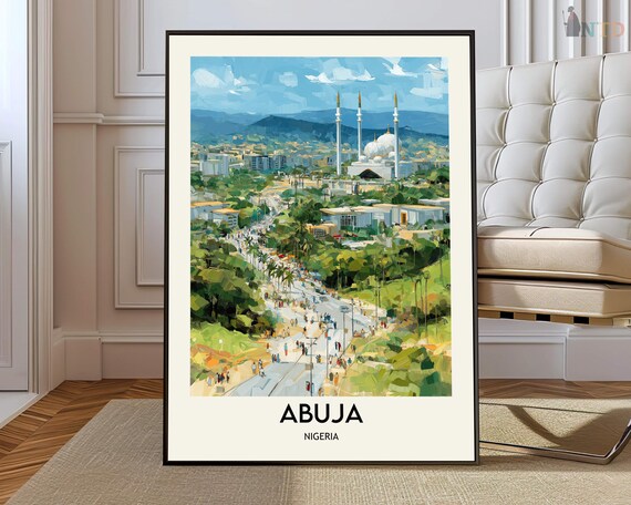 Abuja Nigeria Mosque Skyline Aerial Green Hills Travel Poster