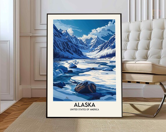 Alaska Snowy Mountain River Valley Winter Vintage Travel Poster