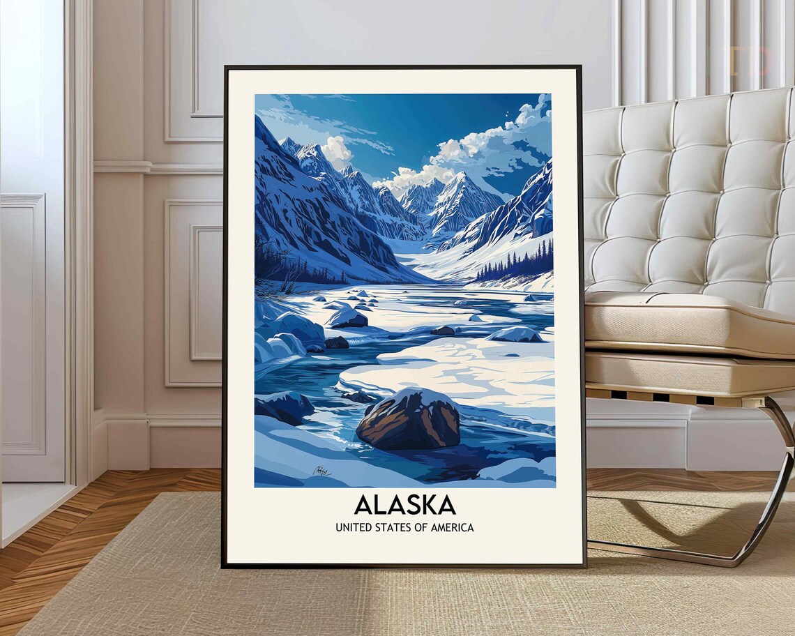 Alaska Snowy Mountain River Valley Winter Vintage Travel Poster