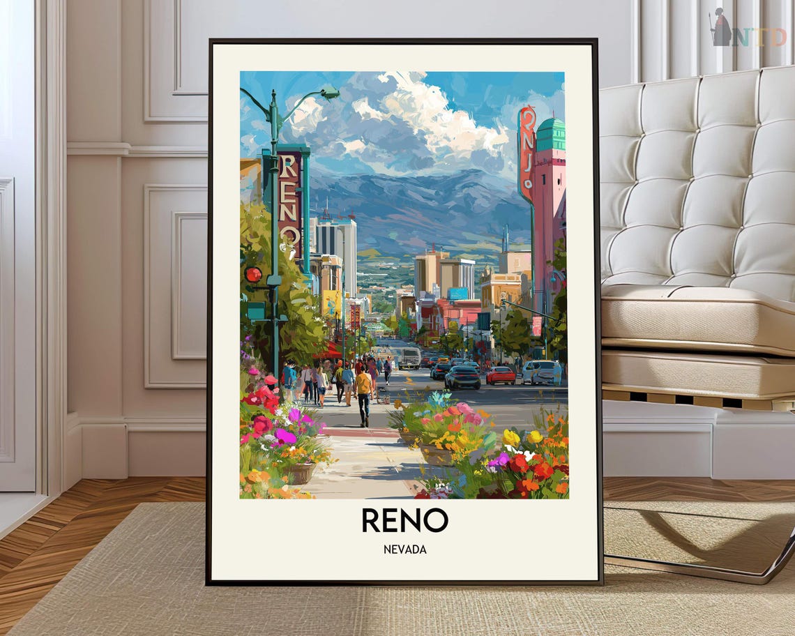 Reno Nevada Vintage Downtown Street Travel Illustration Poster