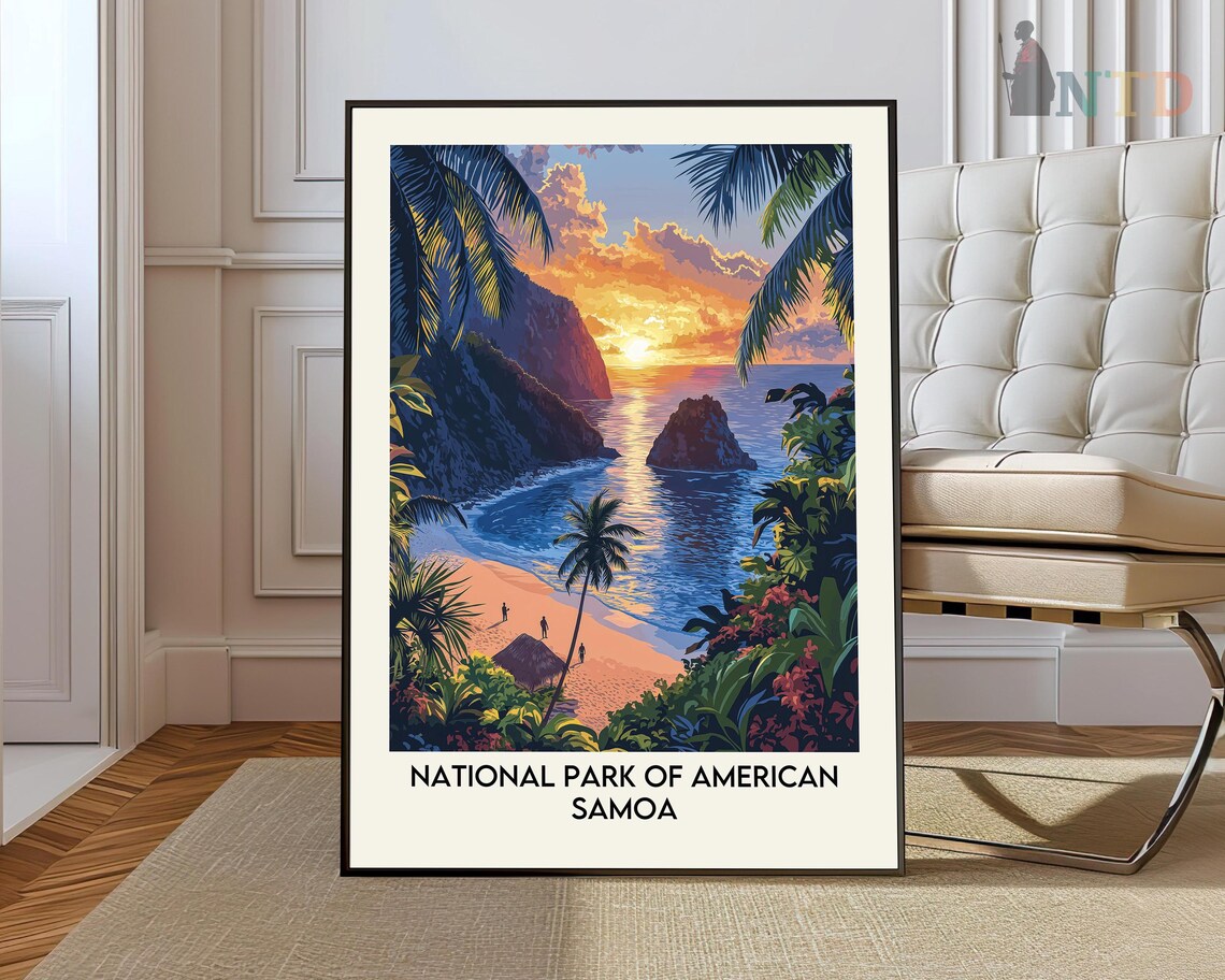 National Park Of American Samoa Sunset Beach Palm Trees Travel Poster