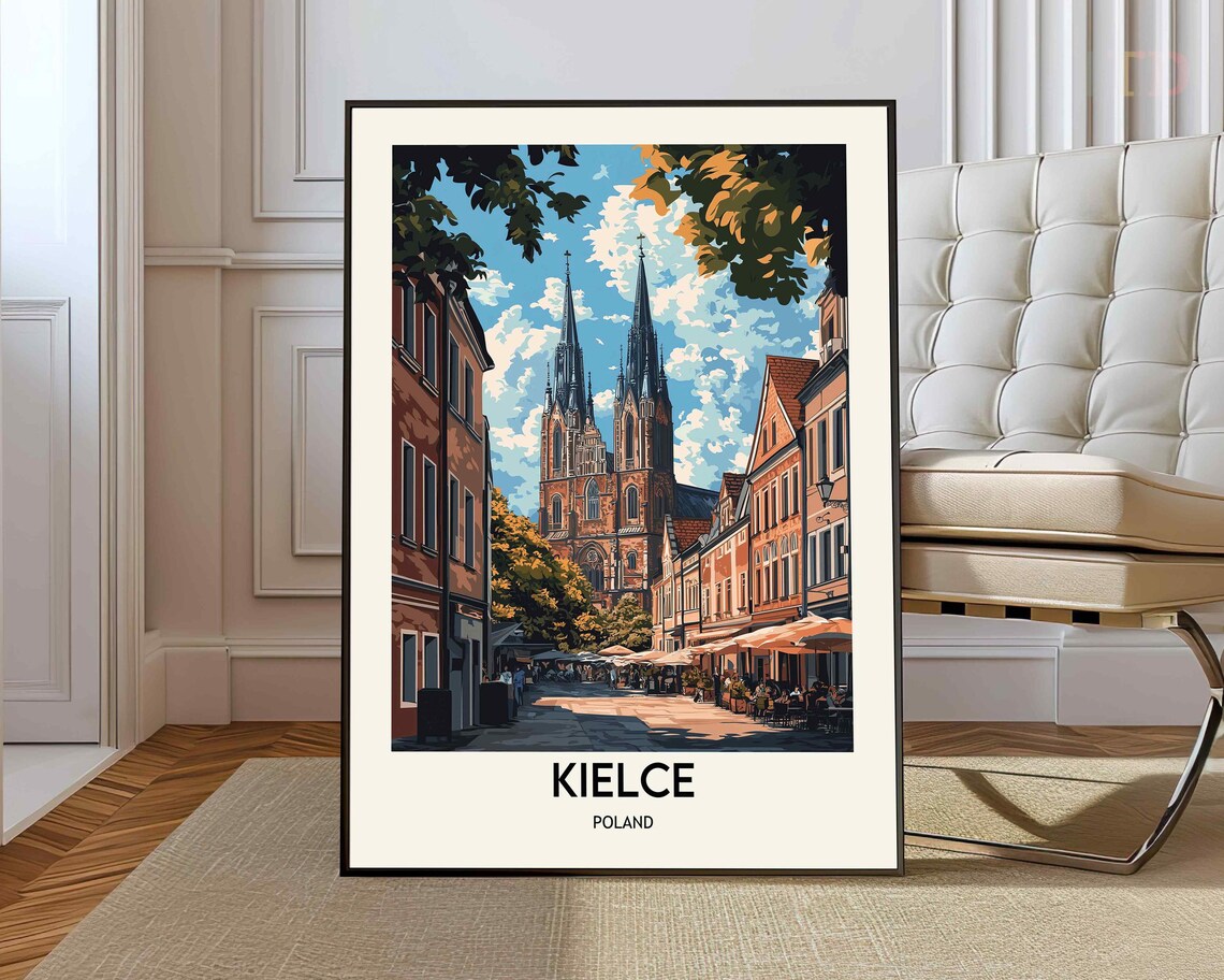 Kielce Old Town Cathedral Twin Spires Poland Vintage Travel Poster