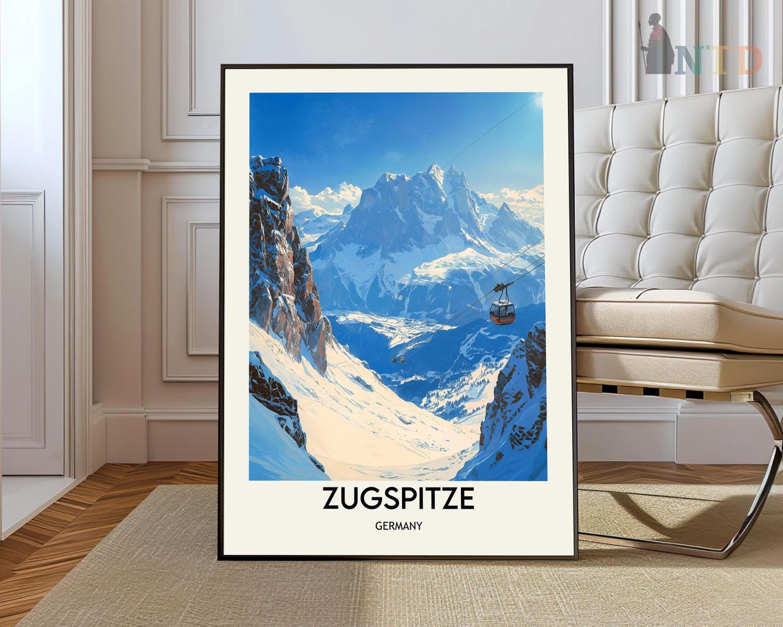 Zugspitze Germany Alpine Peak Cable Car Vintage Travel Poster