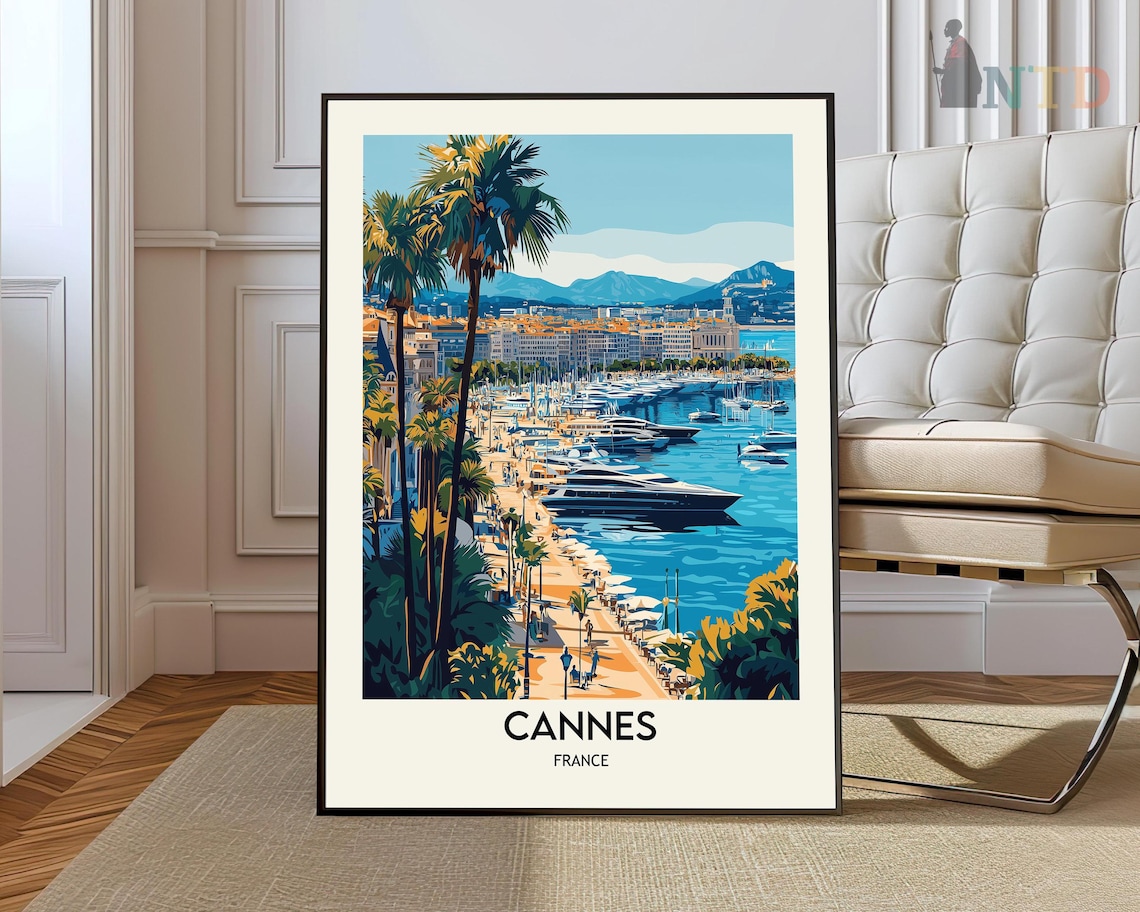 Cannes France Harbor Yacht Marina Palm Vintage Travel Poster