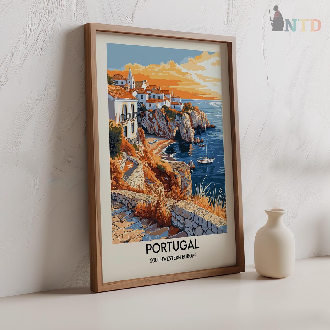 Portugal Cliffside Village Golden Sunset Vintage Travel Poster - Image 2