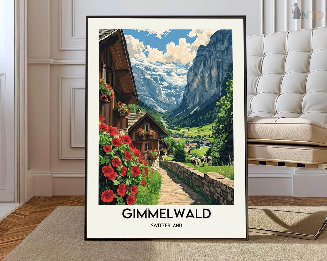 Gimmelwald Switzerland Stone Path Village Mountain View Travel Poster