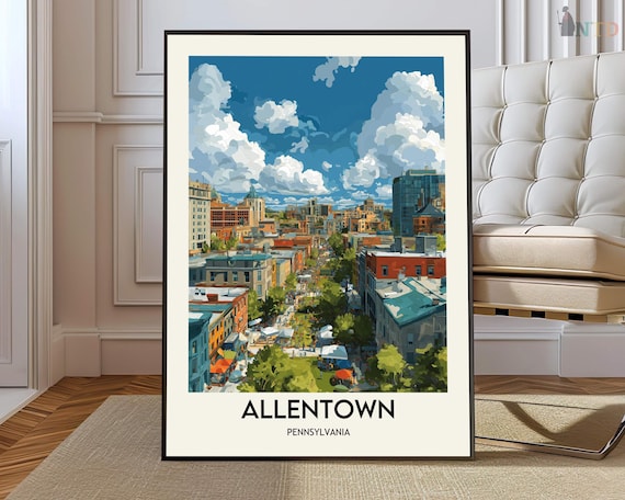 Allentown Pennsylvania Busy Street Vintage Illustration Poster