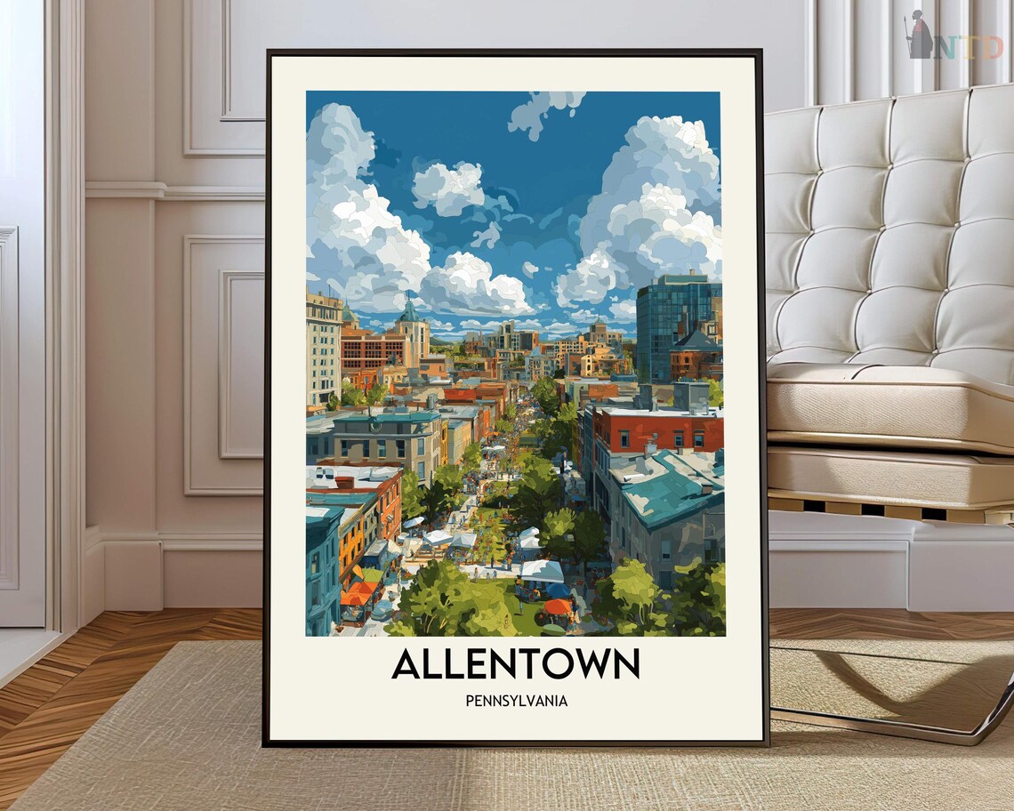 Allentown Pennsylvania Busy Street Vintage Illustration Poster
