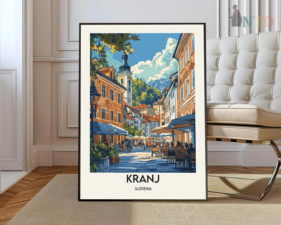 Kranj Slovenia Old Town Street Cafe Terrace Scene Travel Poster