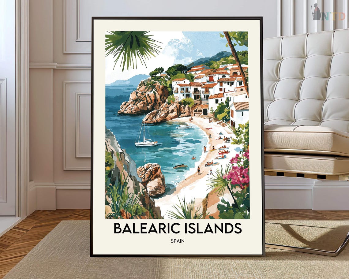Balearic Islands Spain Turquoise Coastal Cove Beach Travel Poster