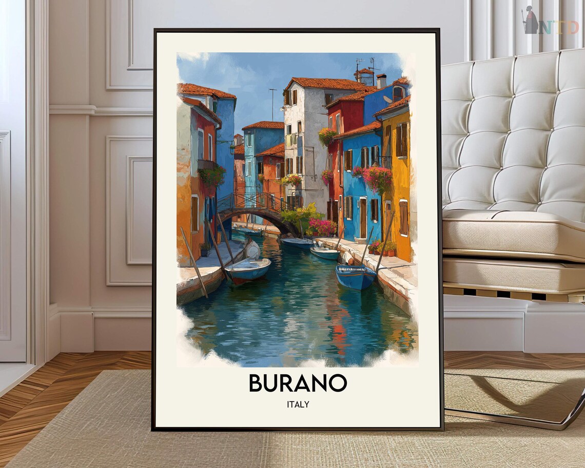 Burano Italy Colorful Canal Houses Water Reflection Travel Poster