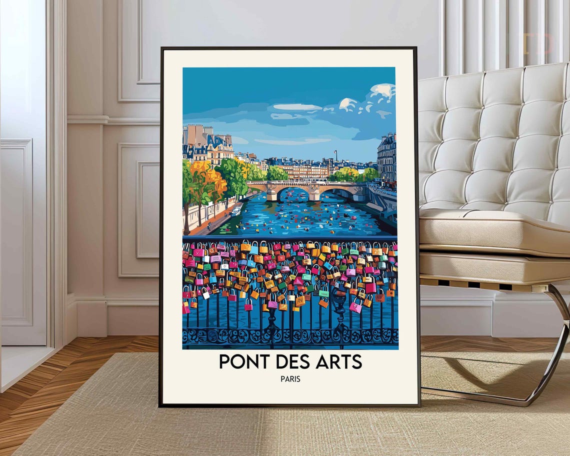 Pont Des Arts Paris Love Locks Bridge Travel Illustration Poster