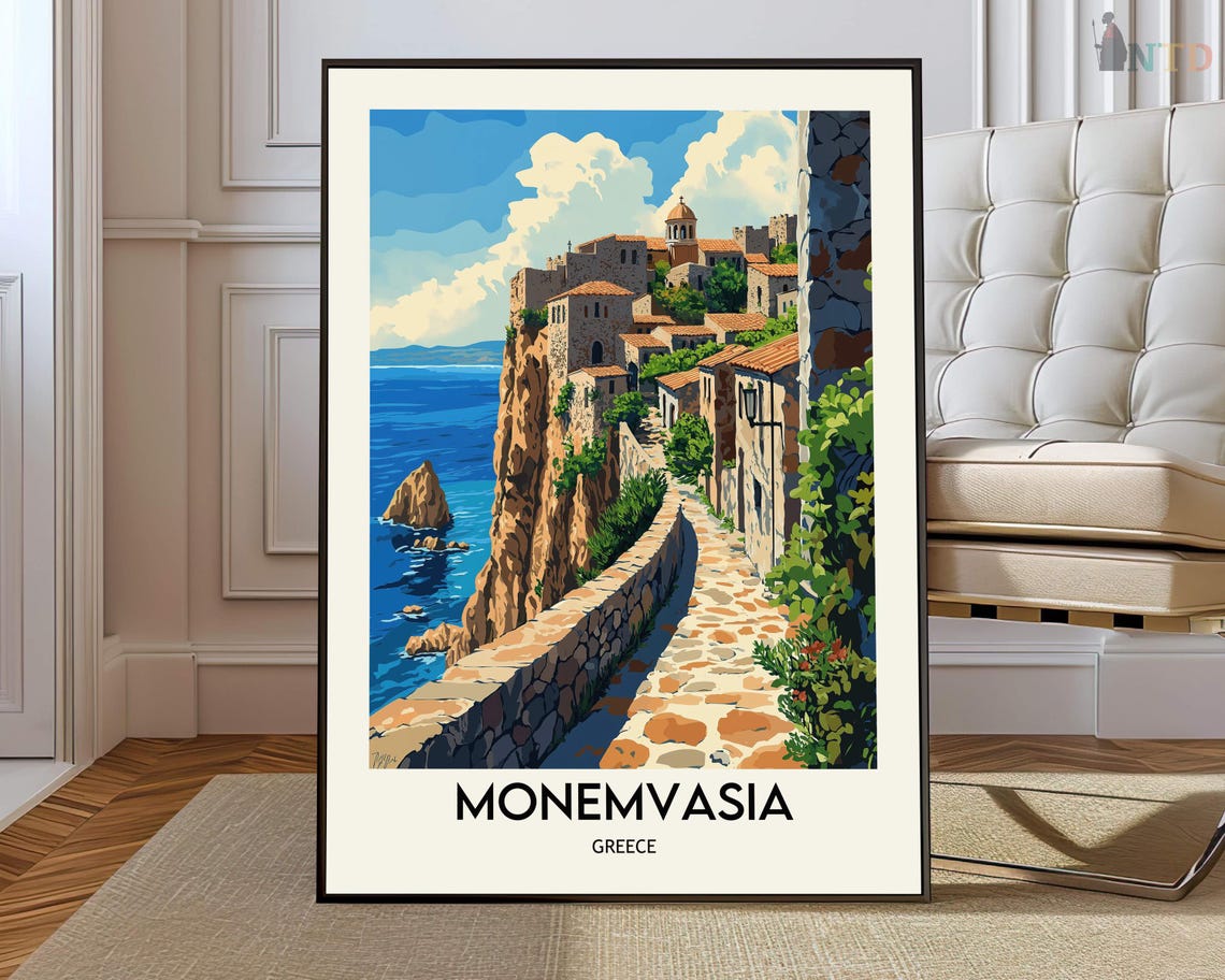 Monemvasia Greece Cliffside Coastal Pathway Vintage Travel Poster