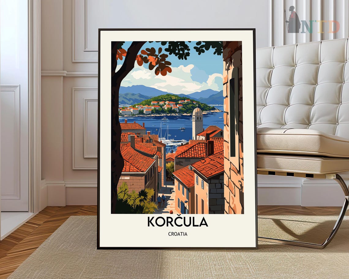 Korcula Croatia Old Town Harbor Red Rooftops Adriatic Travel Poster