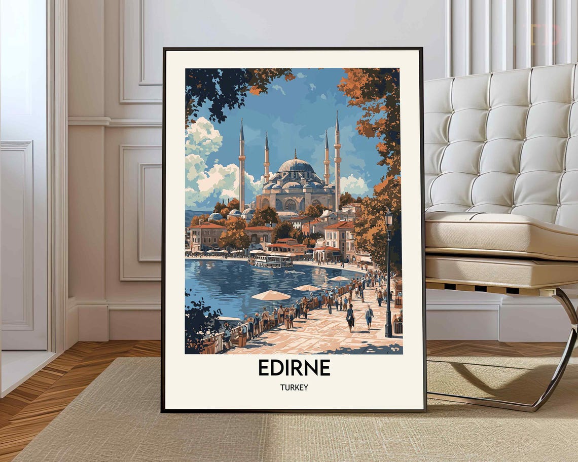 Edirne Turkey Mosque Waterfront Promenade Retro Travel Poster