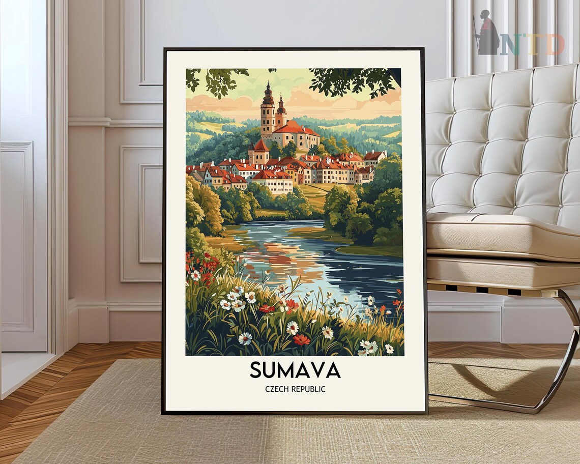 Sumava Czech Republic Riverside Town Lake Sunset Travel Poster