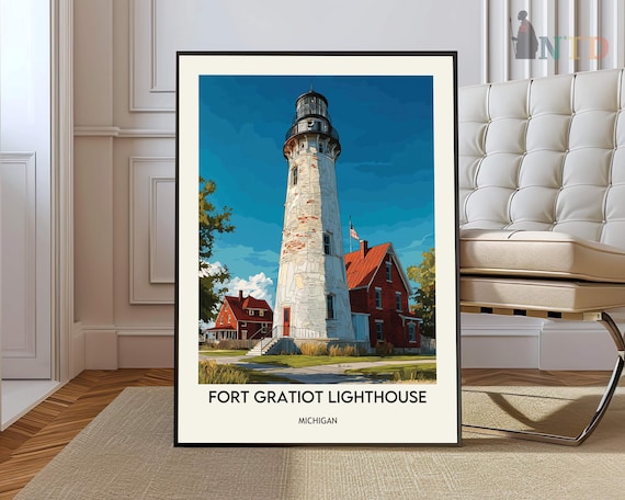Fort Gratiot Lighthouse Michigan Close Up Vintage Nautical Travel Poster
