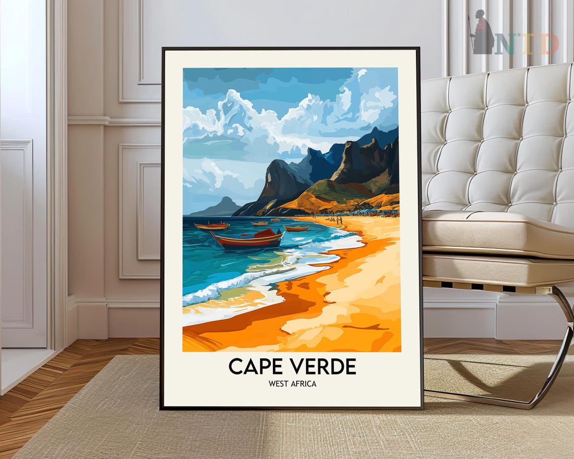 Cape Verde West Africa Golden Beach Boats Mountains Travel Poster