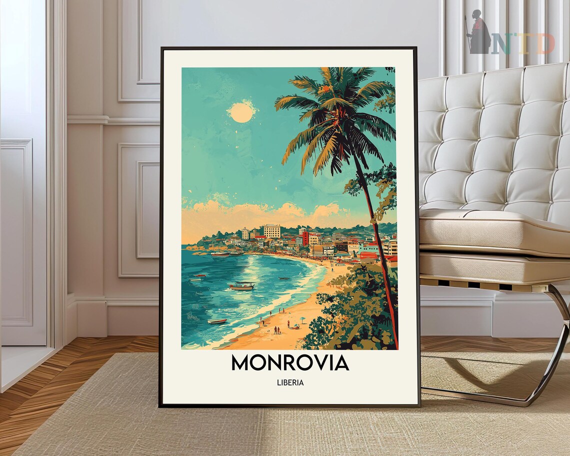 Serene Monrovia Liberia Sunset Beach Boats Tropical Travel Poster
