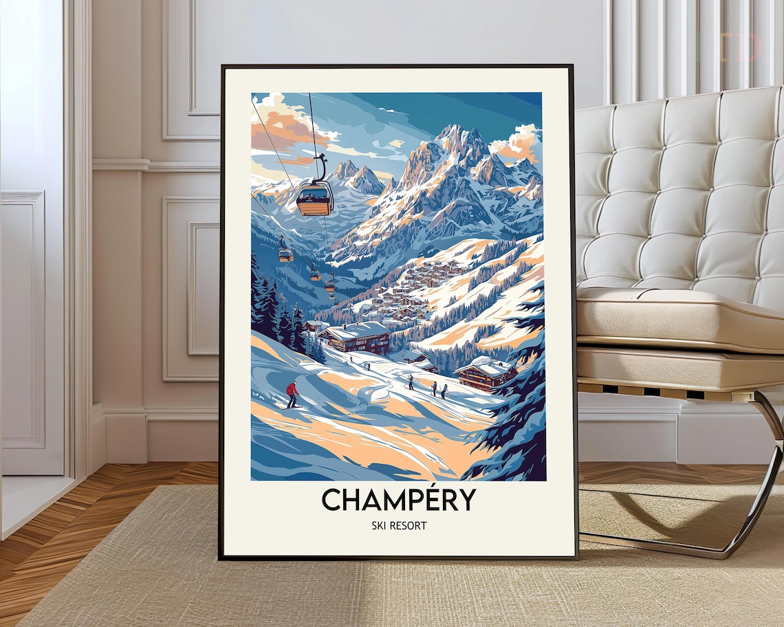 Champéry Ski Resort Gondola Village Vintage Winter Snow Poster