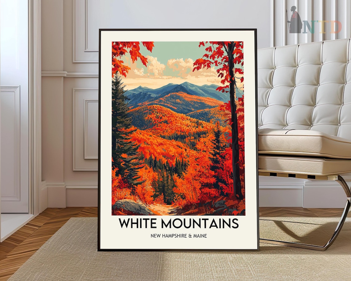 White Mountains New Hampshire Fall Foliage Vintage Travel Poster