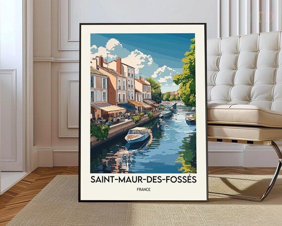 Saint Maur Des Fosses France Travel Poster Riverside Boats Cafe Street Scene