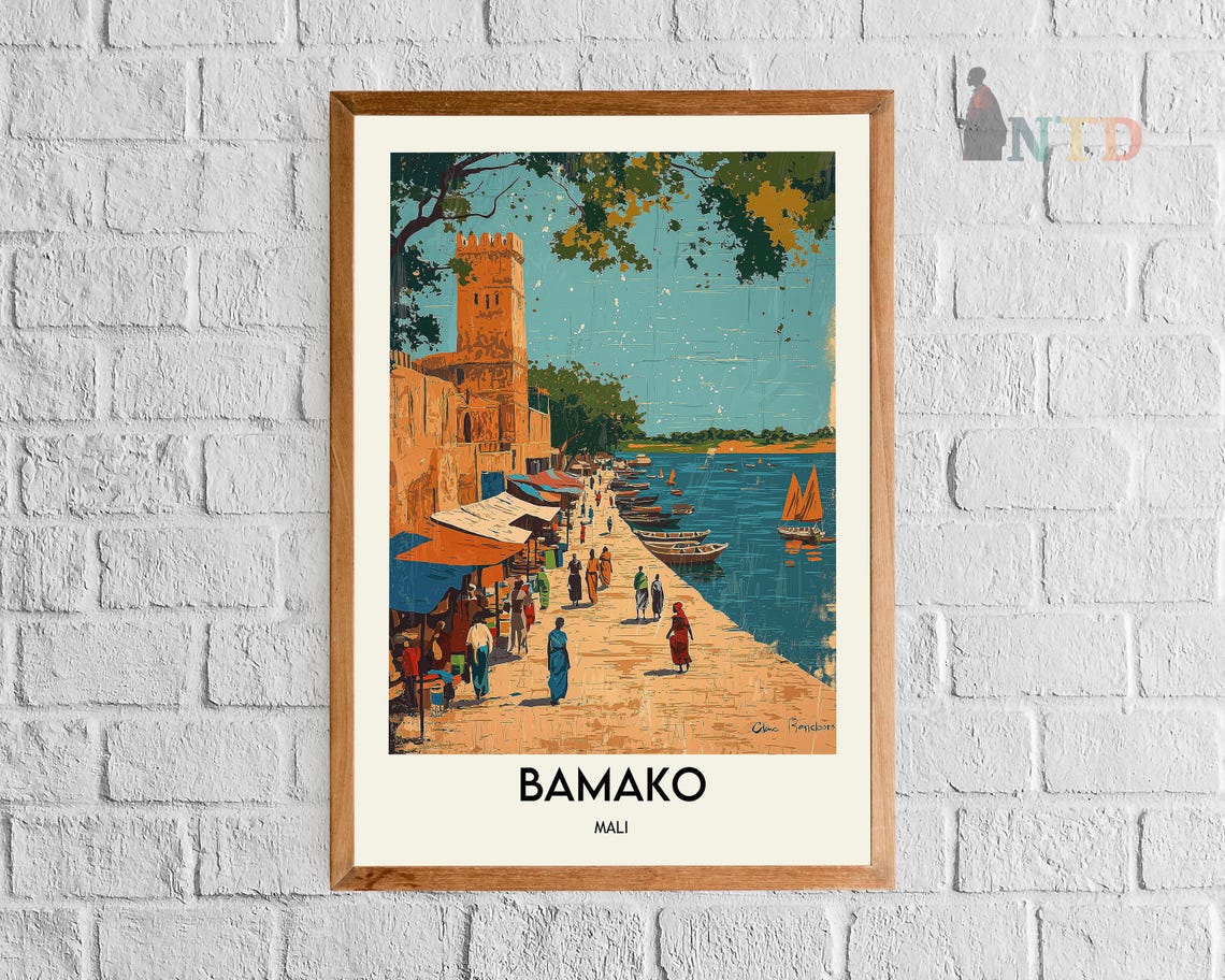 Bamako Mali Riverside Promenade Market Stalls Fort Tower Travel Poster - Image 3