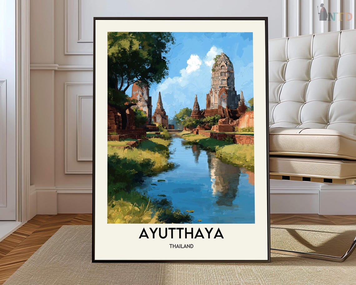 Ayutthaya Thailand Ancient Temple Ruins Riverside Travel Poster