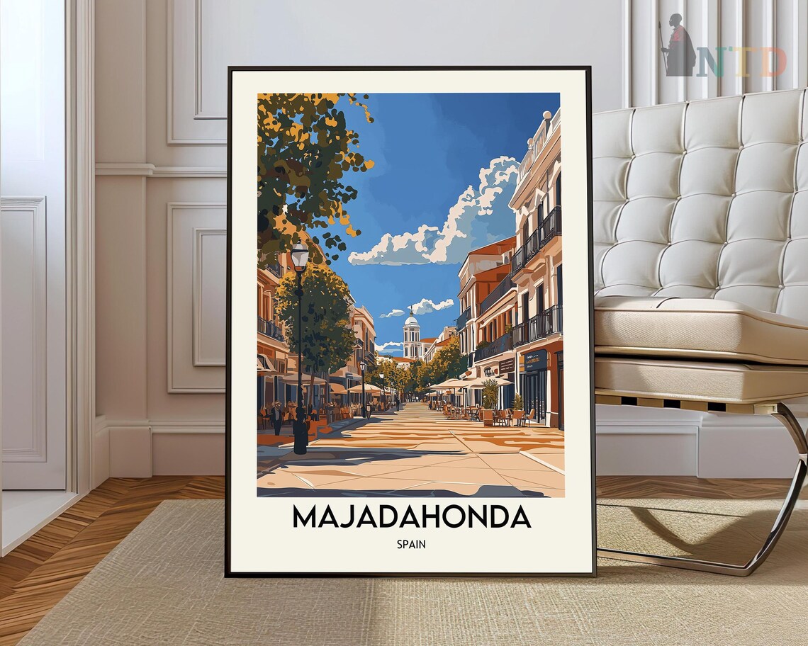 Majadahonda Spain Sunny Cafe Street Old Town Vintage Travel Poster